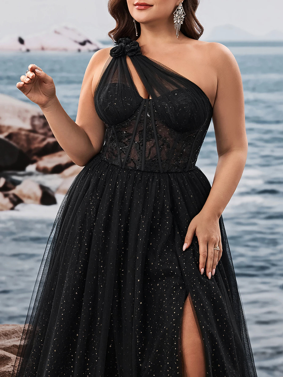 Plus Size Luxury Skew-shouldered Applique Cake Dress Luxury Slit Formal Evening Dresses Elegant Graduation Party Gown