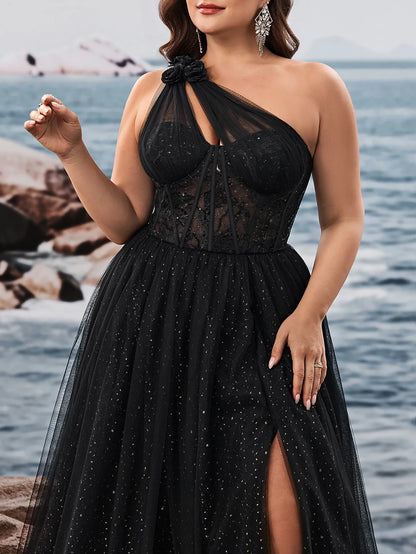 Plus Size Luxury Skew-shouldered Applique Cake Dress Luxury Slit Formal Evening Dresses Elegant Graduation Party Gown