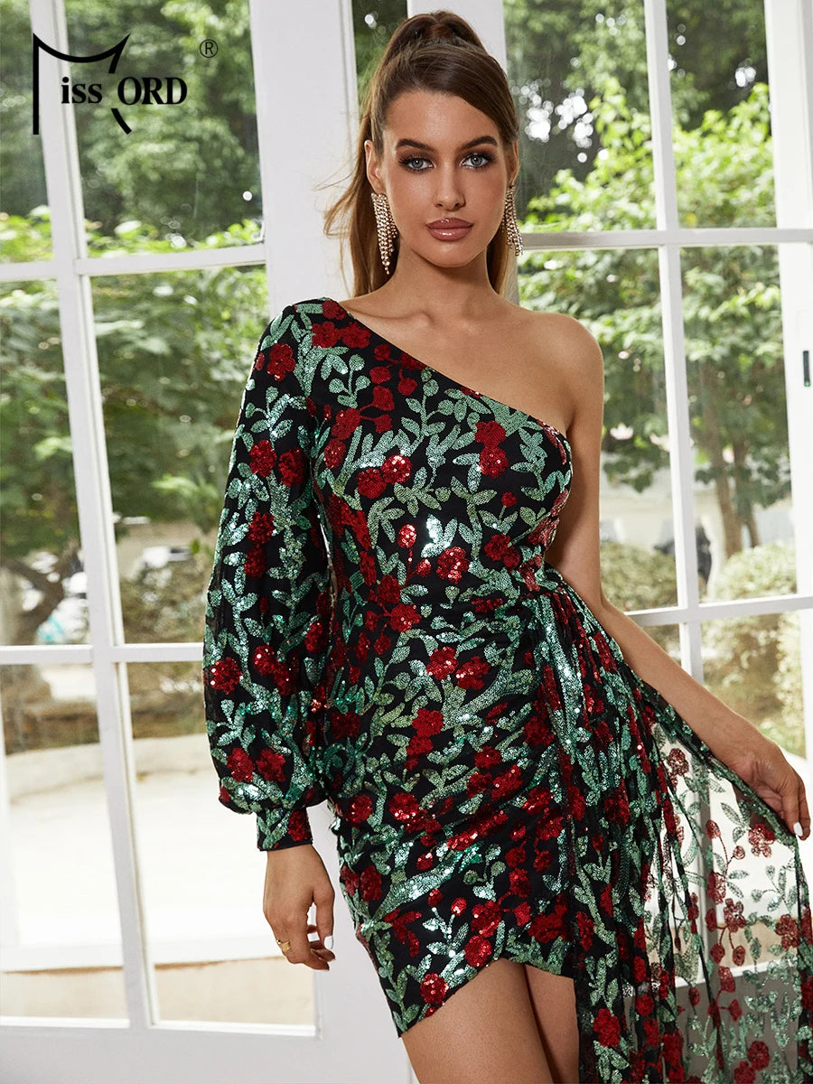 Missord Floral Sequin Mini Prom Dresses Women One Shoulder Lantern Sleeve Draped Bodycon Cocktail Evening Party Short Dress Gown