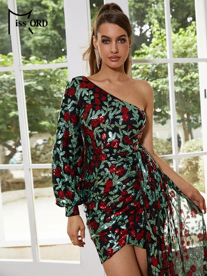 Missord Floral Sequin Mini Prom Dresses Women One Shoulder Lantern Sleeve Draped Bodycon Cocktail Evening Party Short Dress Gown