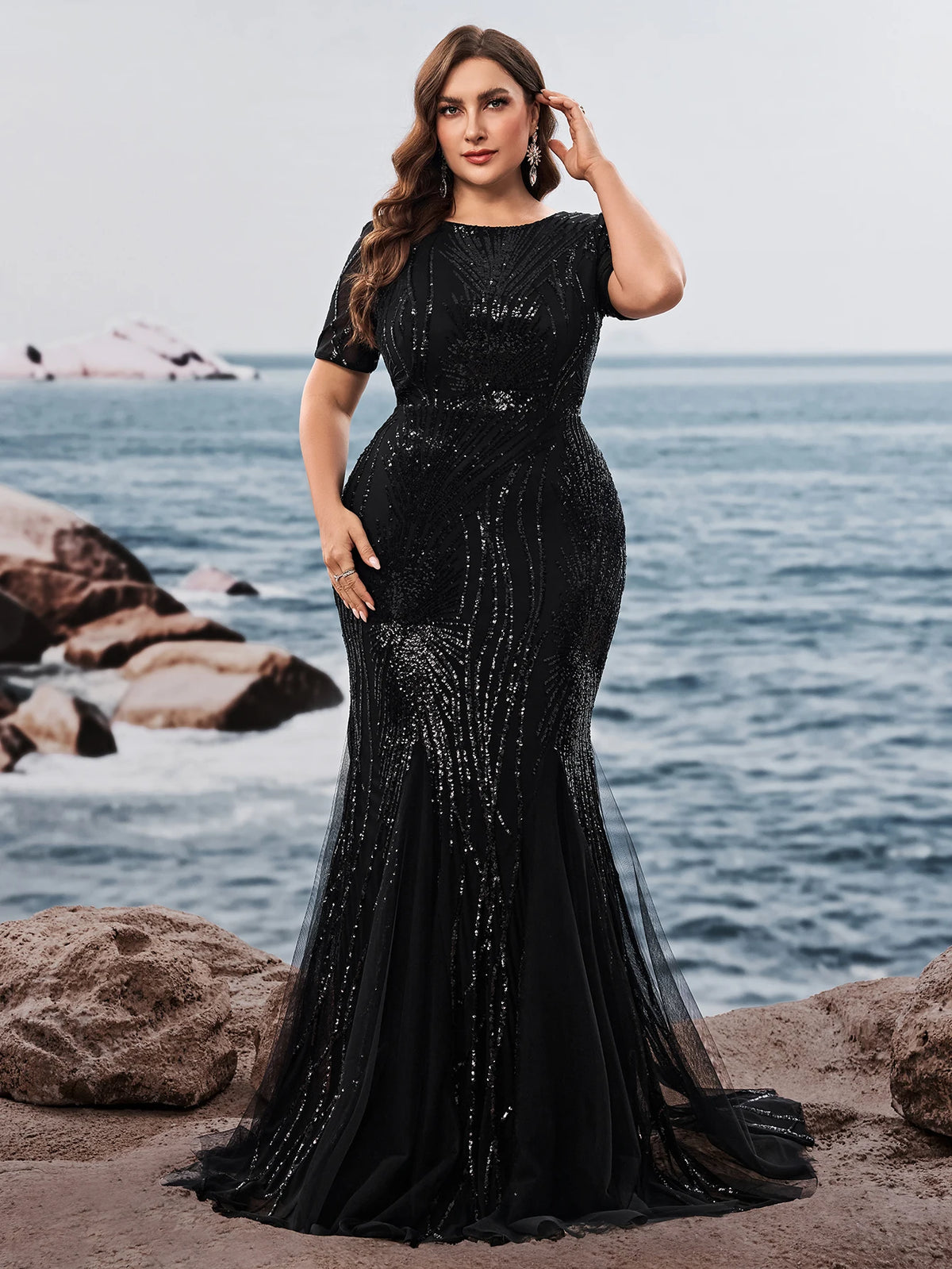 Elegant Short Sleeves Sequin Tulle Evening Dresses Women Luxury Mermaid Formal Bridesmaid Party Maxi Prom Dress