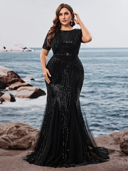 Elegant Short Sleeves Sequin Tulle Evening Dresses Women Luxury Mermaid Formal Bridesmaid Party Maxi Prom Dress