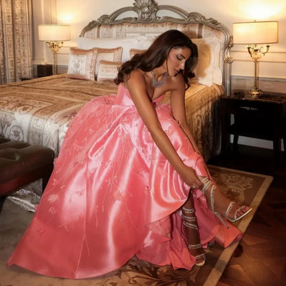 Luxury Dubai Coral Pink Evening Dresses 3D Flowers Sweeheart Wedding Formal Party Dress Saudi Evening Dress Customized