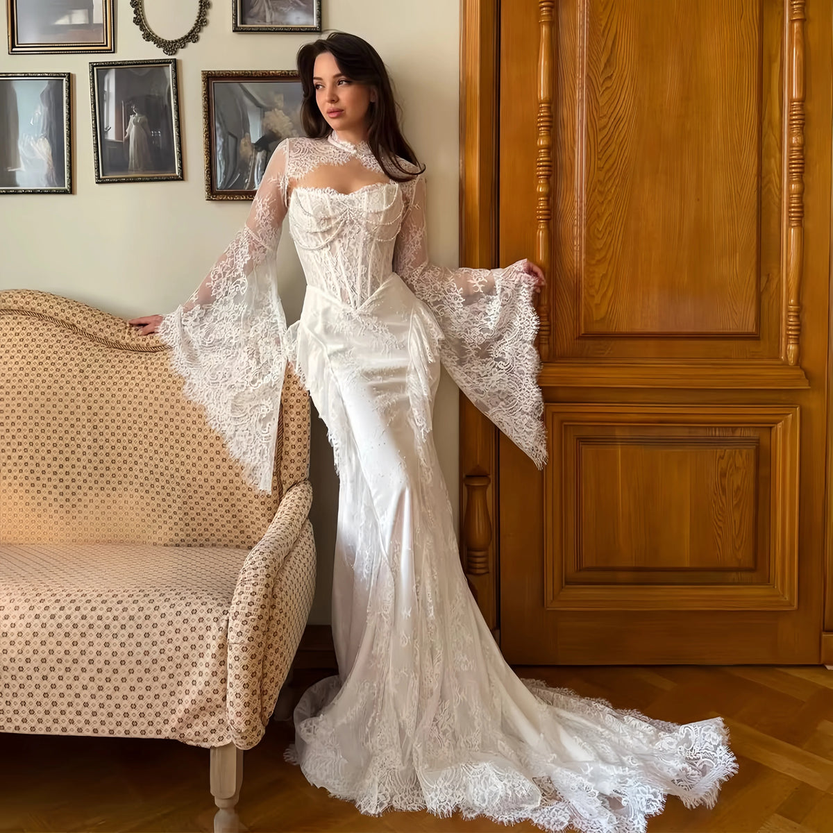 Customized Corset Bodice Lace Party Dress White Mermaid Long Train Formal Evening Prom Quinceanera Wedding Gown For Women