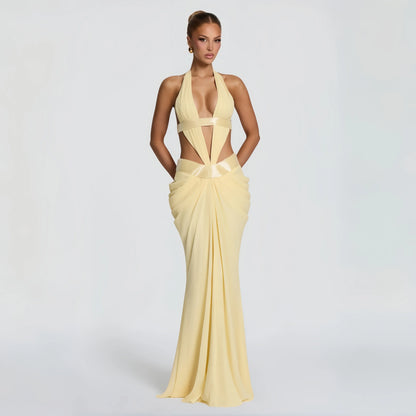Pale Yellow Halter Deep V Mermaid Evening Dress For Women Luxury Sequin Chiffon Bodycon Maxi Gown Prom Party Gala Club Vestidos