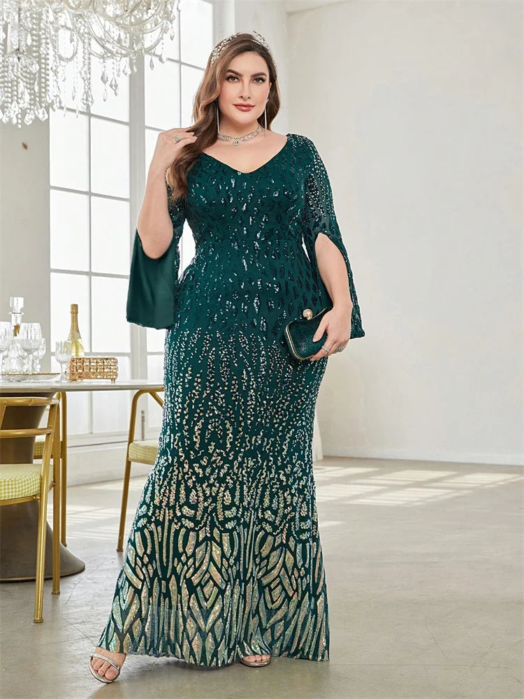 Plus Size Elegant Sequin Black Evening Dress 2025 Women Formal Maxi Prom Long Sleeves Party Luxury Cocktail Dress