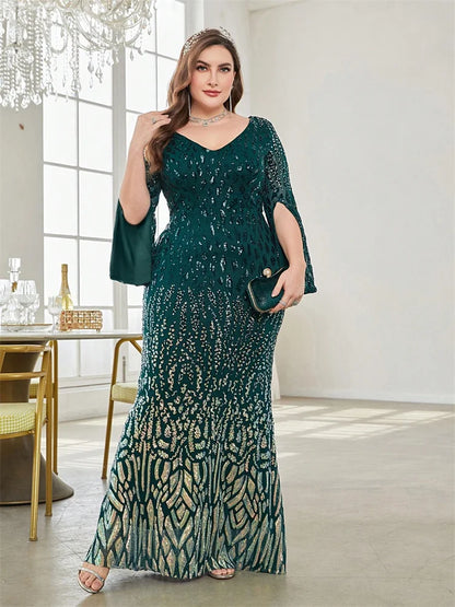 Plus Size Elegant Sequin Black Evening Dress 2025 Women Formal Maxi Prom Long Sleeves Party Luxury Cocktail Dress