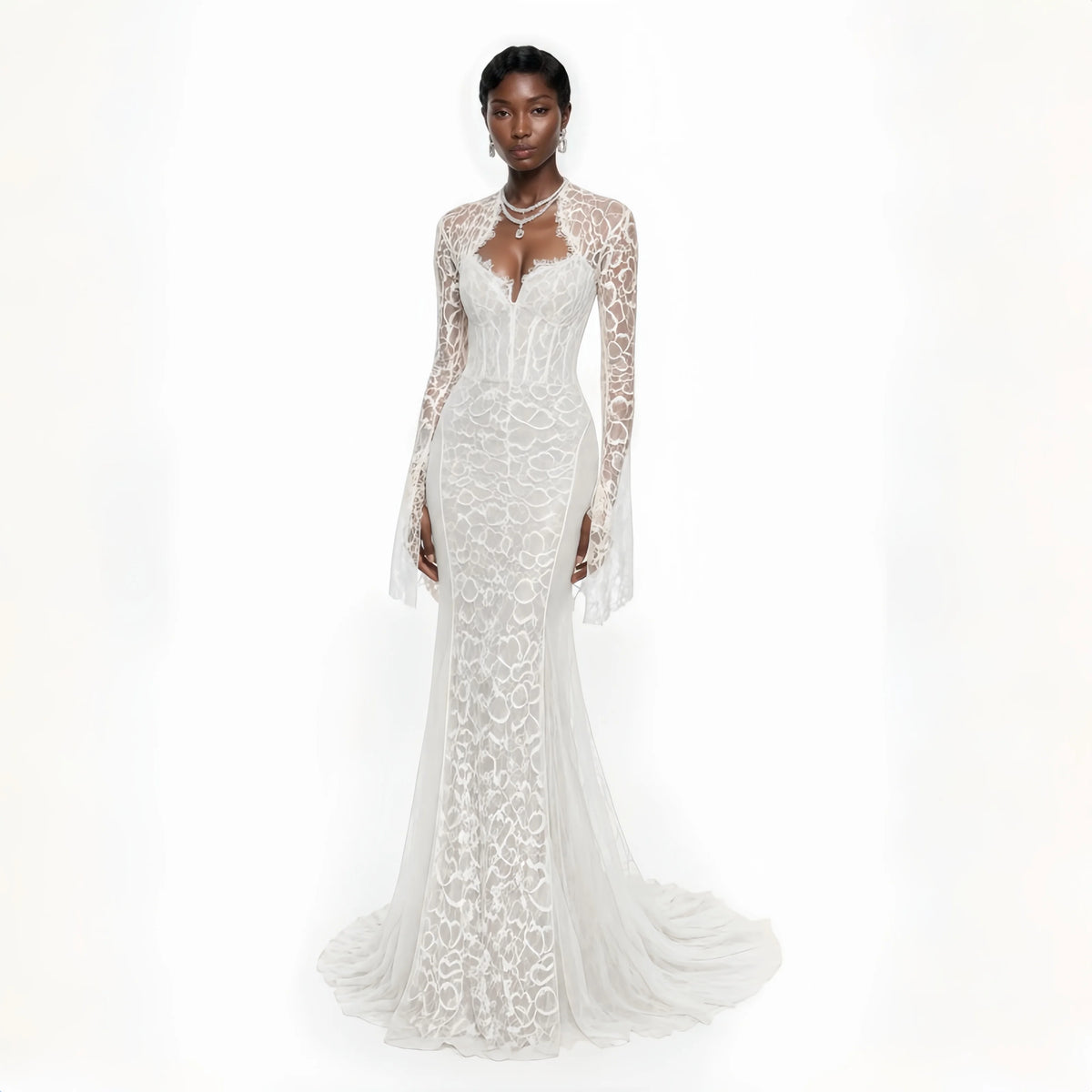 Elegant White Lace Mermaid Wedding Dress Formal Wedding Party Dress Luxury Custom Made Floor Length Reception Gown