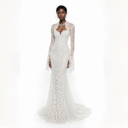 Elegant White Lace Mermaid Wedding Dress Formal Wedding Party Dress Luxury Custom Made Floor Length Reception Gown