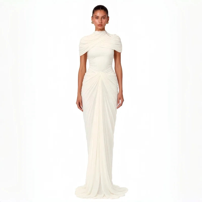 Customized Ruched Maxi Evening Dresses Cap Sleeves Women's Formal Evening Gowns Pleated Formal Wedding Party Attire Dress 2026
