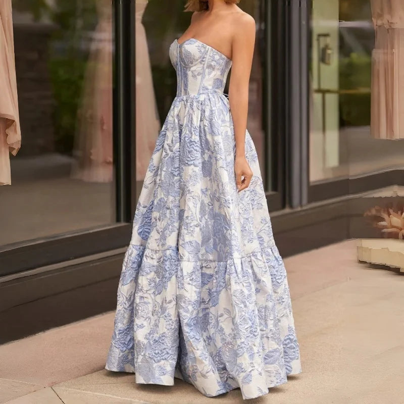 Pink Strapless Prom Dresses with Floral Jacquard Corset Bodice and Tiered Ball Gown Skirt Customized Formal Evening 2026