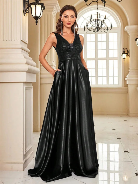 Elegant Sequins Evening Dress For Women 2024 Deep V-neck Satin Prom Party Green Dress Floor Length Blue Formal Gowns