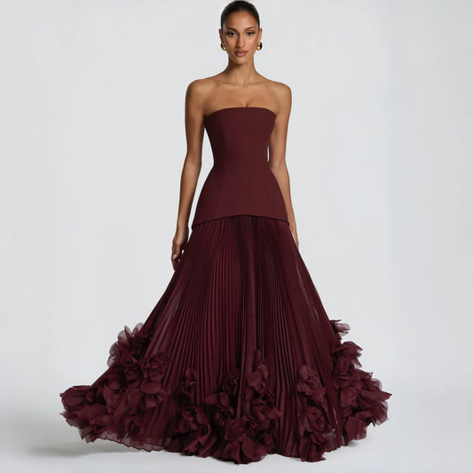 Danni Custom Burgundy Strapless Evening Dress Corset Pleated Prom Dresses Chiffon Vestidos De Noche Formal Evening