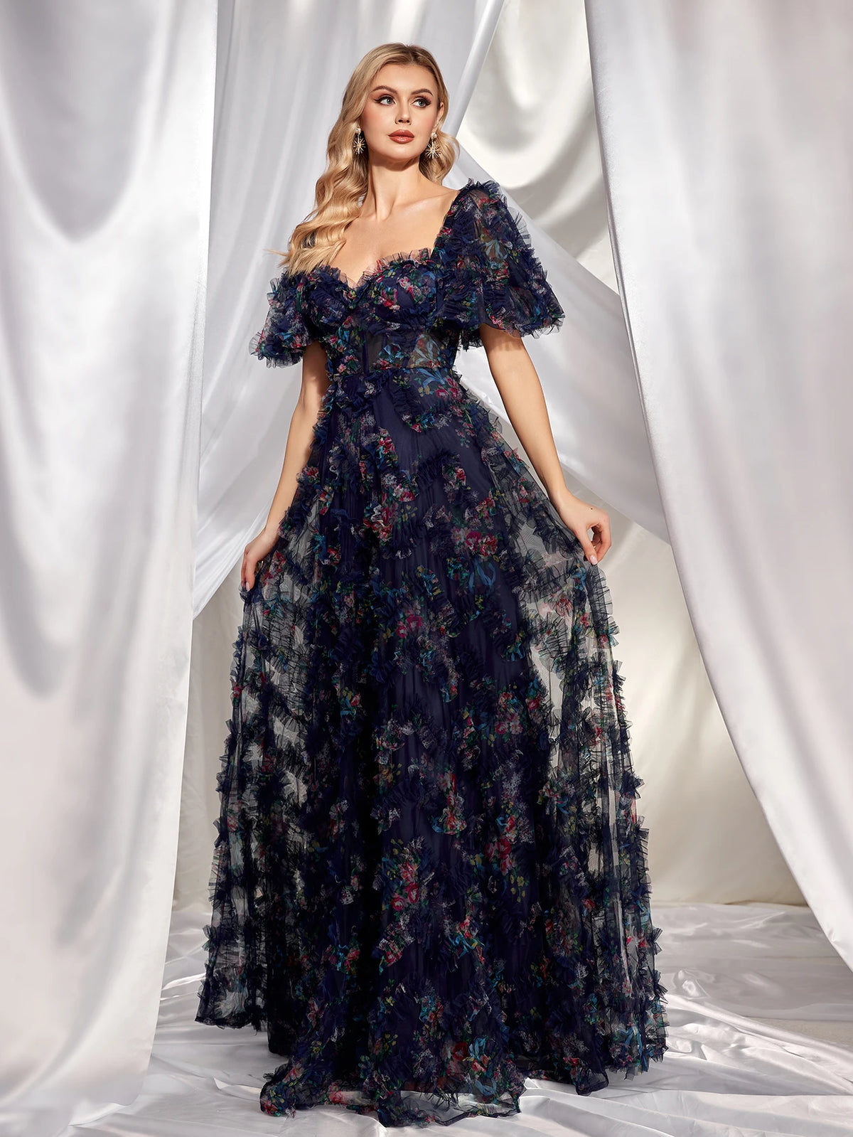 Luxury Bubble Short-sleeve A-line Evening Dresses Women Elegant Off-the-shoulder Wedding Party Long Prom Cocktail Dress