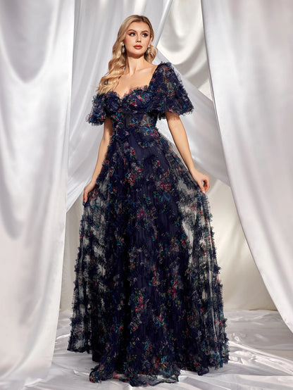 Luxury Bubble Short-sleeve A-line Evening Dresses Women Elegant Off-the-shoulder Wedding Party Long Prom Cocktail Dress