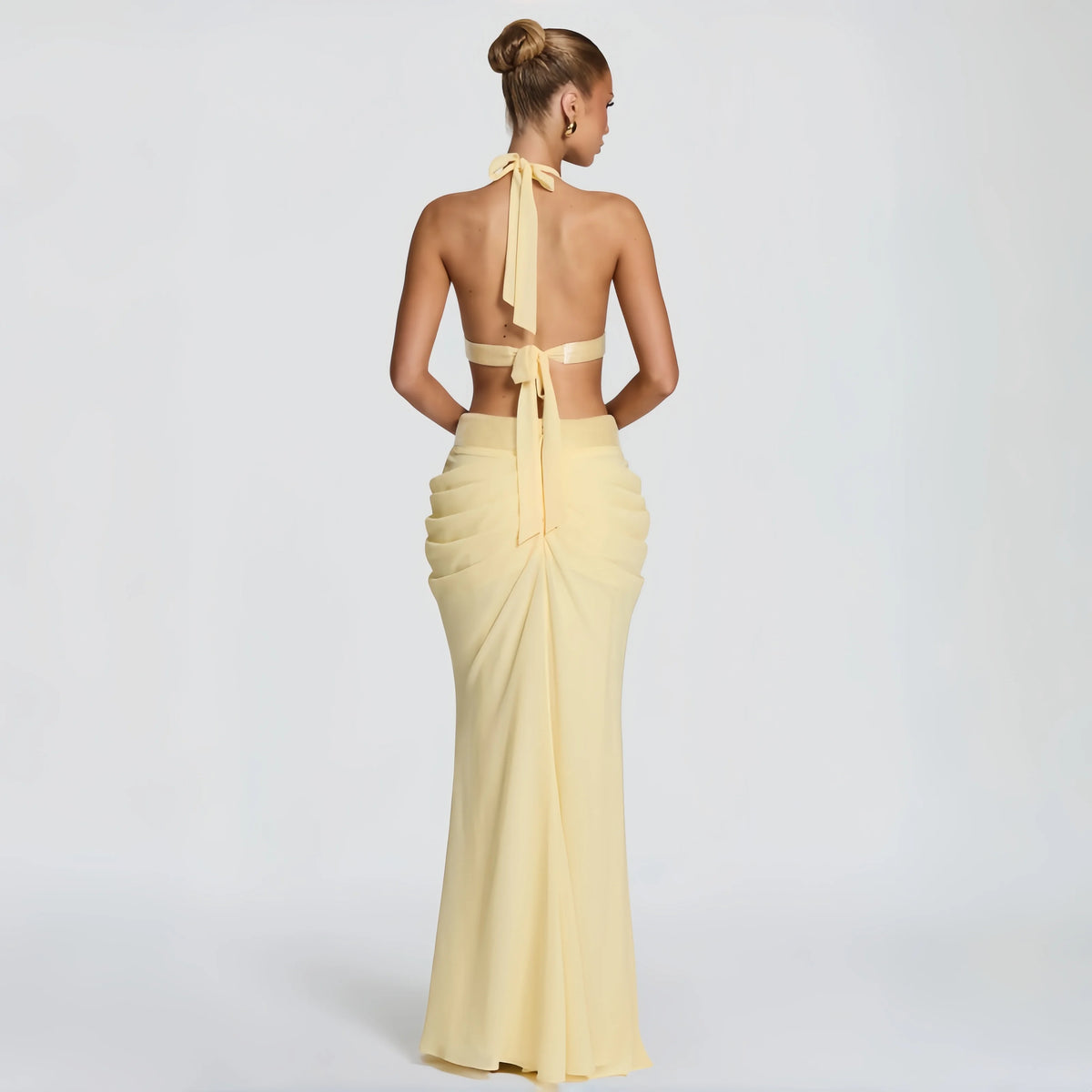 Pale Yellow Halter Deep V Mermaid Evening Dress For Women Luxury Sequin Chiffon Bodycon Maxi Gown Prom Party Gala Club Vestidos