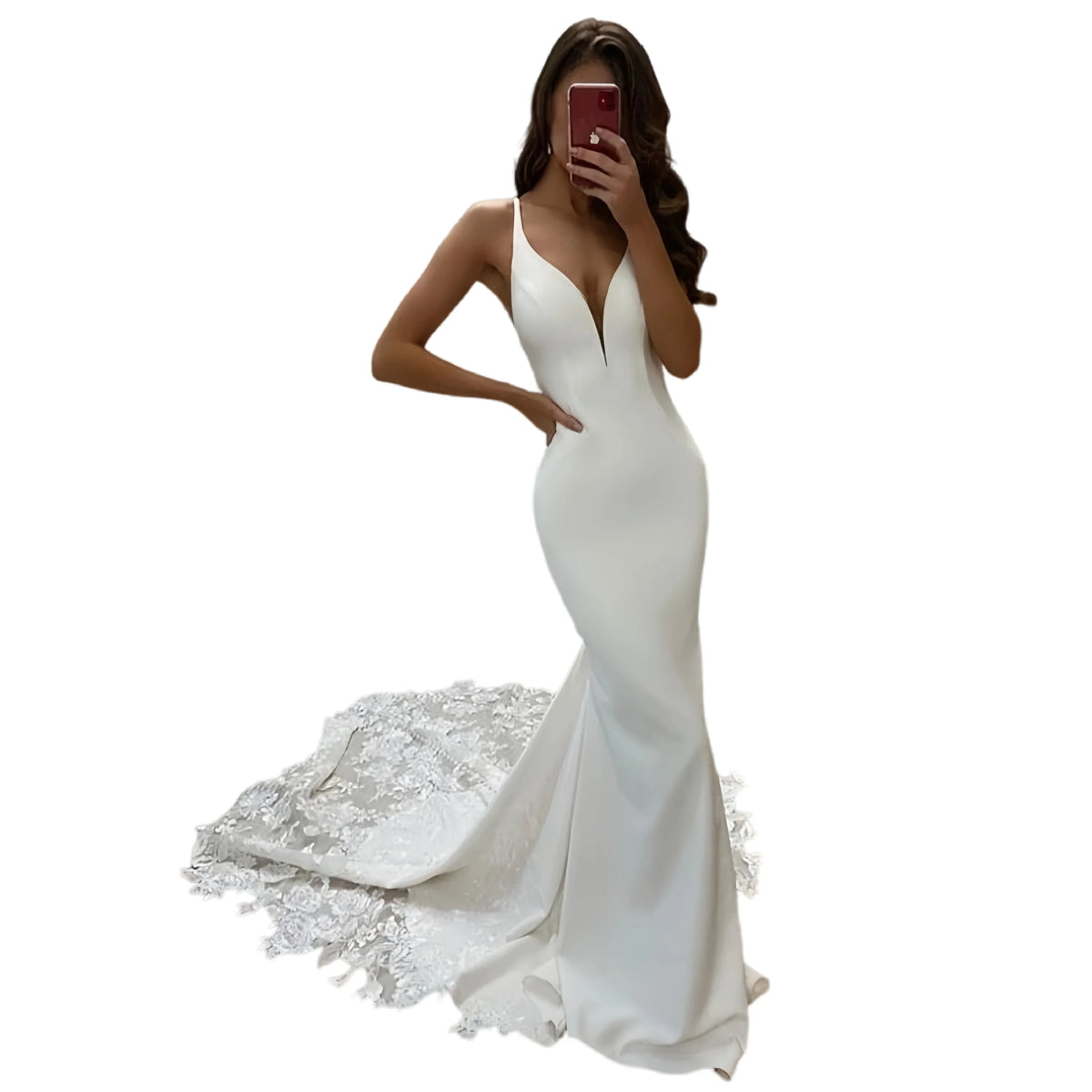 Lace Applique Satin Mermaid Wedding Dress Elegant Slim Fit White Bridal Dress Church Wedding Elopement Photoshoot Customizable