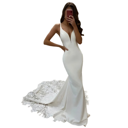 Lace Applique Satin Mermaid Wedding Dress Elegant Slim Fit White Bridal Dress Church Wedding Elopement Photoshoot Customizable