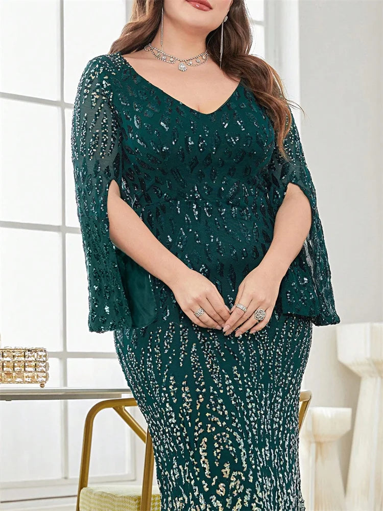 Plus Size Elegant Sequin Black Evening Dress 2025 Women Formal Maxi Prom Long Sleeves Party Luxury Cocktail Dress