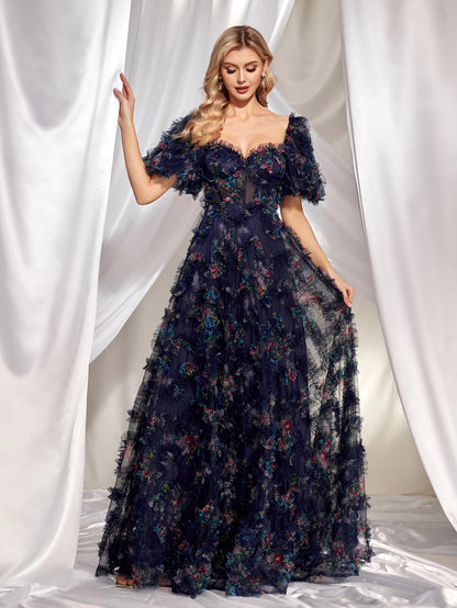 Luxury Bubble Short-sleeve A-line Evening Dresses Women Elegant Off-the-shoulder Wedding Party Long Prom Cocktail Dress