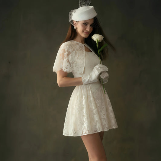 Vintage Floral Lace Mini Evening Dress High Neck Cape Sleeve Corset A Line Short Skirt Homecoming Gown Cocktail Party Dress