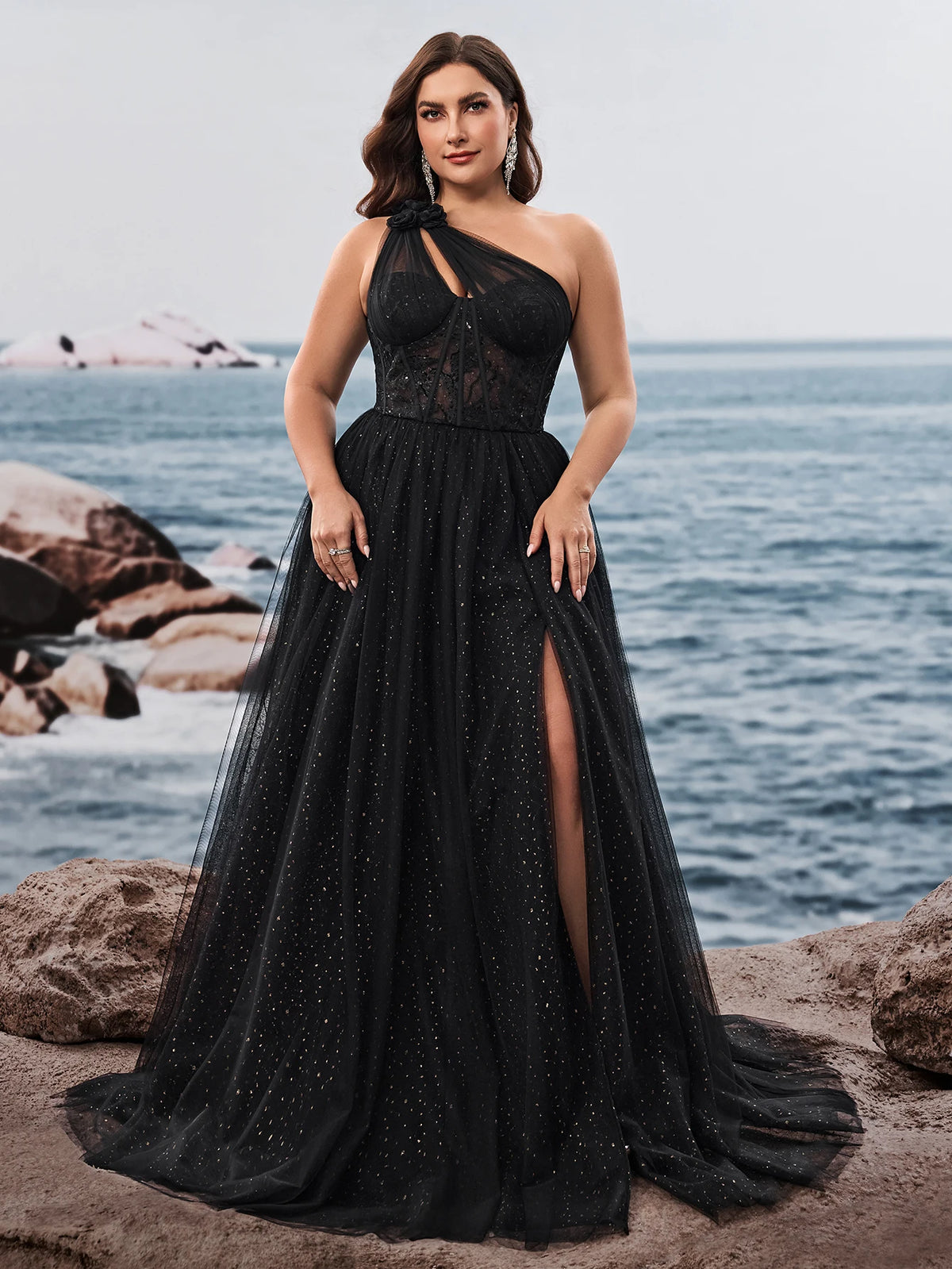 Plus Size Luxury Skew-shouldered Applique Cake Dress Luxury Slit Formal Evening Dresses Elegant Graduation Party Gown