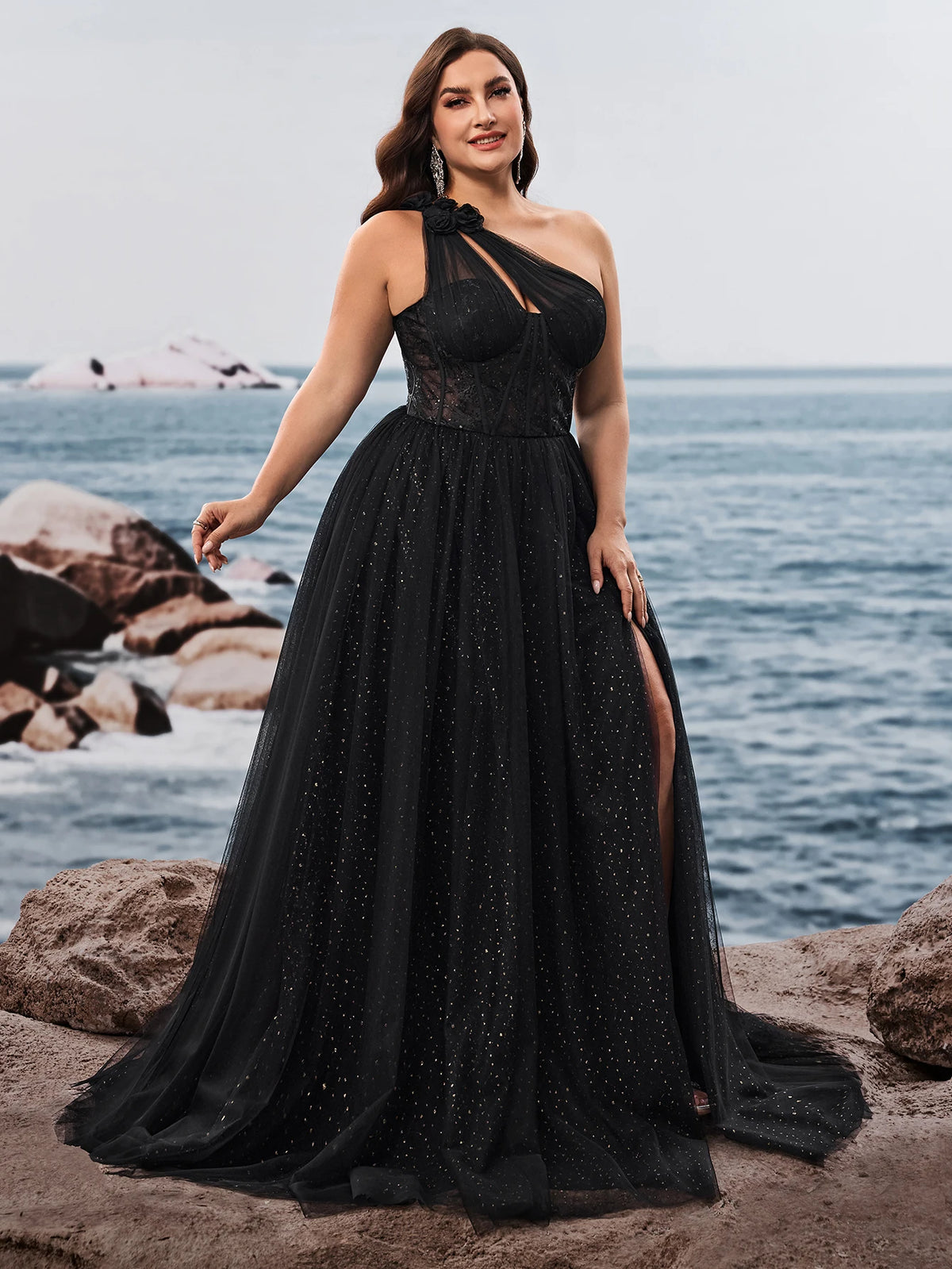 Plus Size Luxury Skew-shouldered Applique Cake Dress Luxury Slit Formal Evening Dresses Elegant Graduation Party Gown