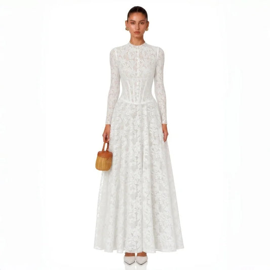 Vintage Elegant Modest Lace Evening Gown Ladies High Neck Long Sleeve Corset Fitted Waist A‑Line Swing Maxi Dress French Style