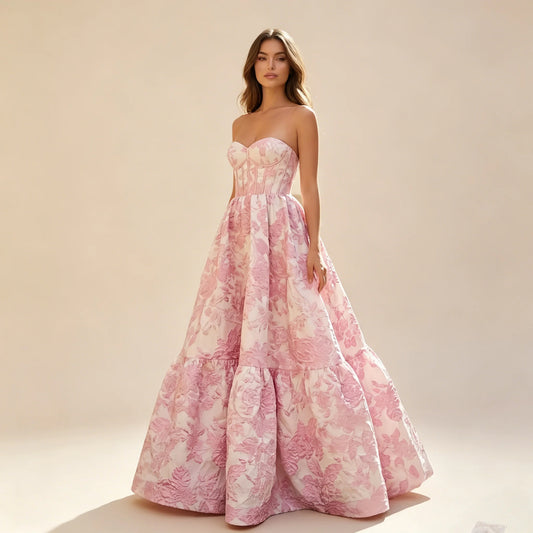 Pink Strapless Prom Dresses with Floral Jacquard Corset Bodice and Tiered Ball Gown Skirt Customized Formal Evening 2026