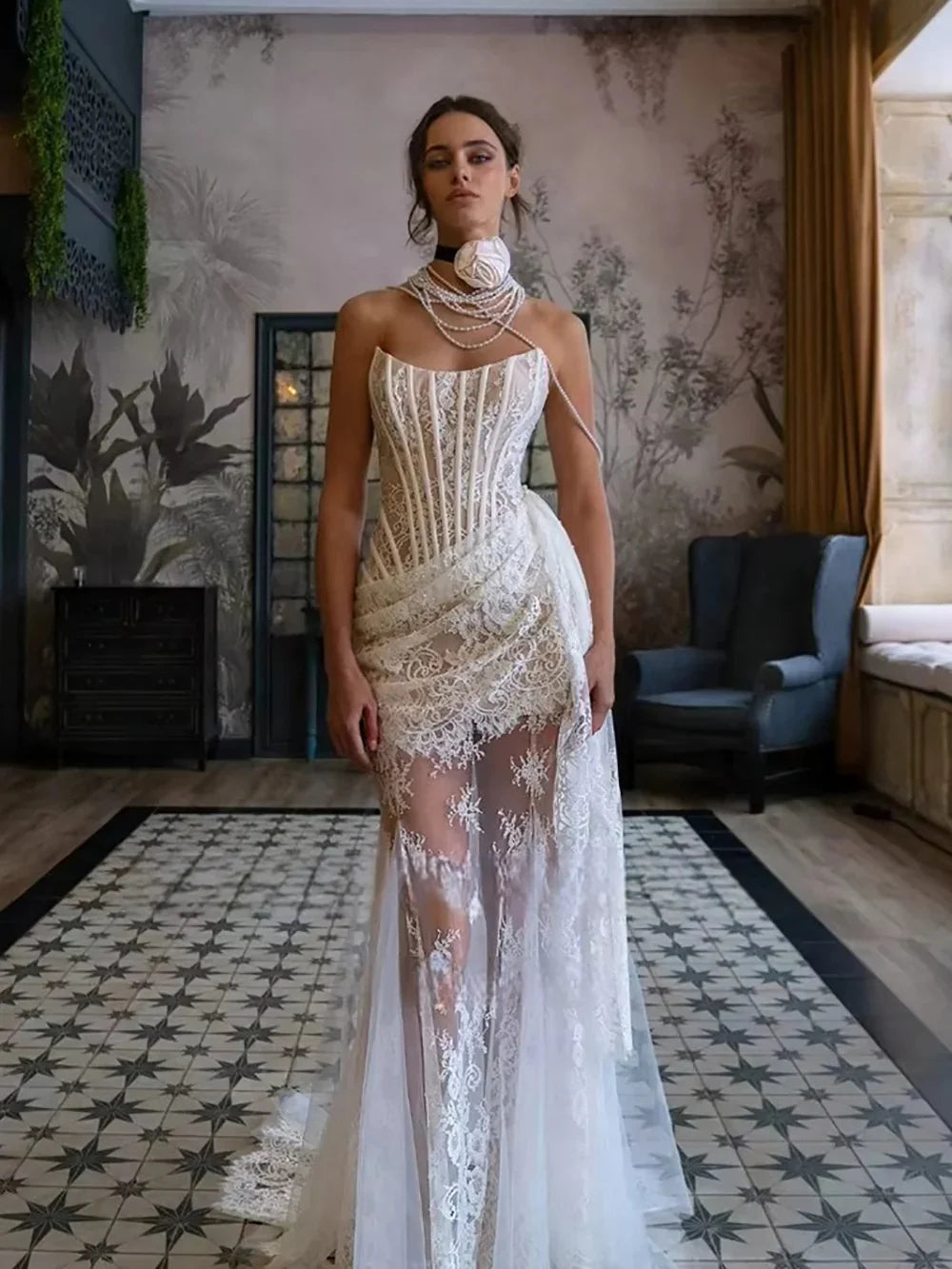 Women's Formal Evening Gowns Unique Design Strapless Mermaid Lace Wedding Dress With French Sheer Mermaid Train