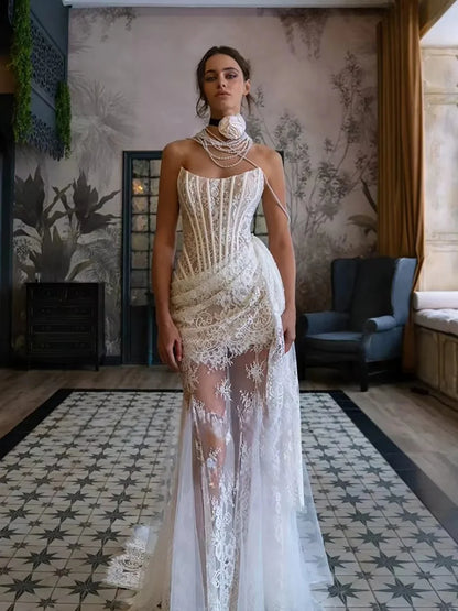 Women's Formal Evening Gowns Unique Design Strapless Mermaid Lace Wedding Dress With French Sheer Mermaid Train