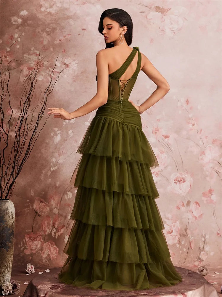 Luxury Skew-shouldered Fishbone Applique Cake Dress Elegant Tulle Slit Formal Evening Dresses Elegant Backless Party Gowns