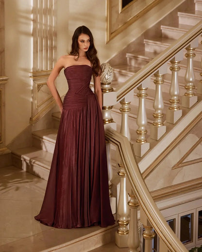 Luxury Dubai Rust Red A Line Evening Dress Pleated Strapless Off Shoulder Women Wedding Formal Gowns Size Color Customization