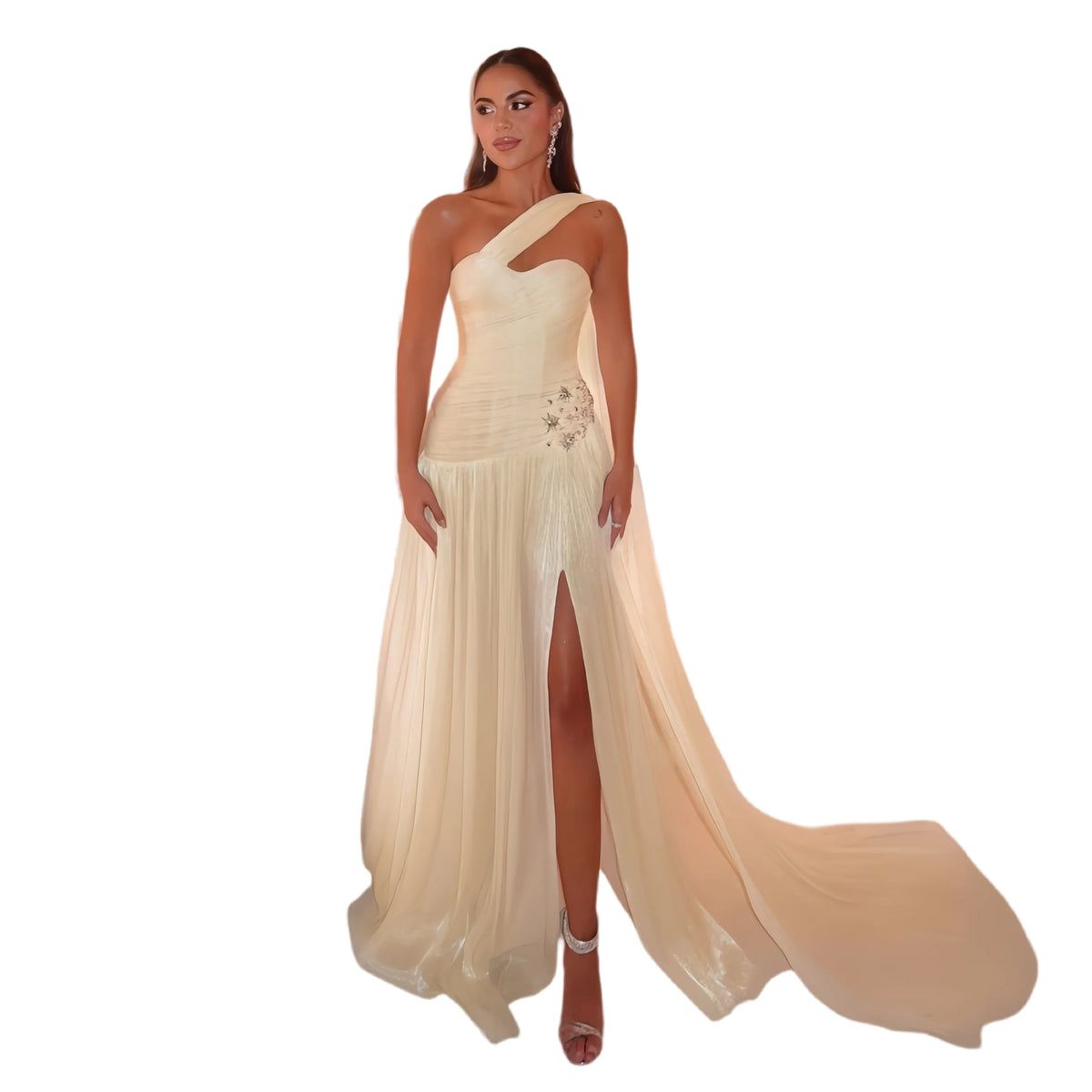 Champagne Shiny Evening Dress One Shoulder A Line Side Slit Prom Gowns Luxury Sequined Silk Party Dress Arabia Customized