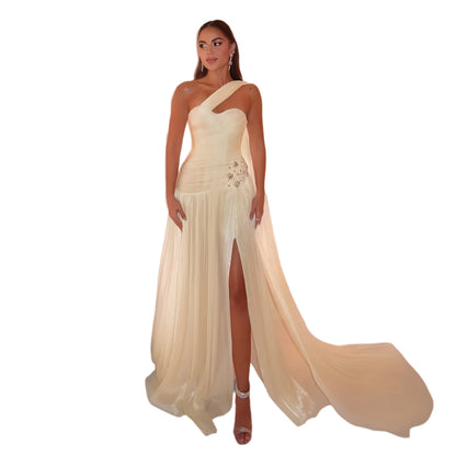 Champagne Shiny Evening Dress One Shoulder A Line Side Slit Prom Gowns Luxury Sequined Silk Party Dress Arabia Customized