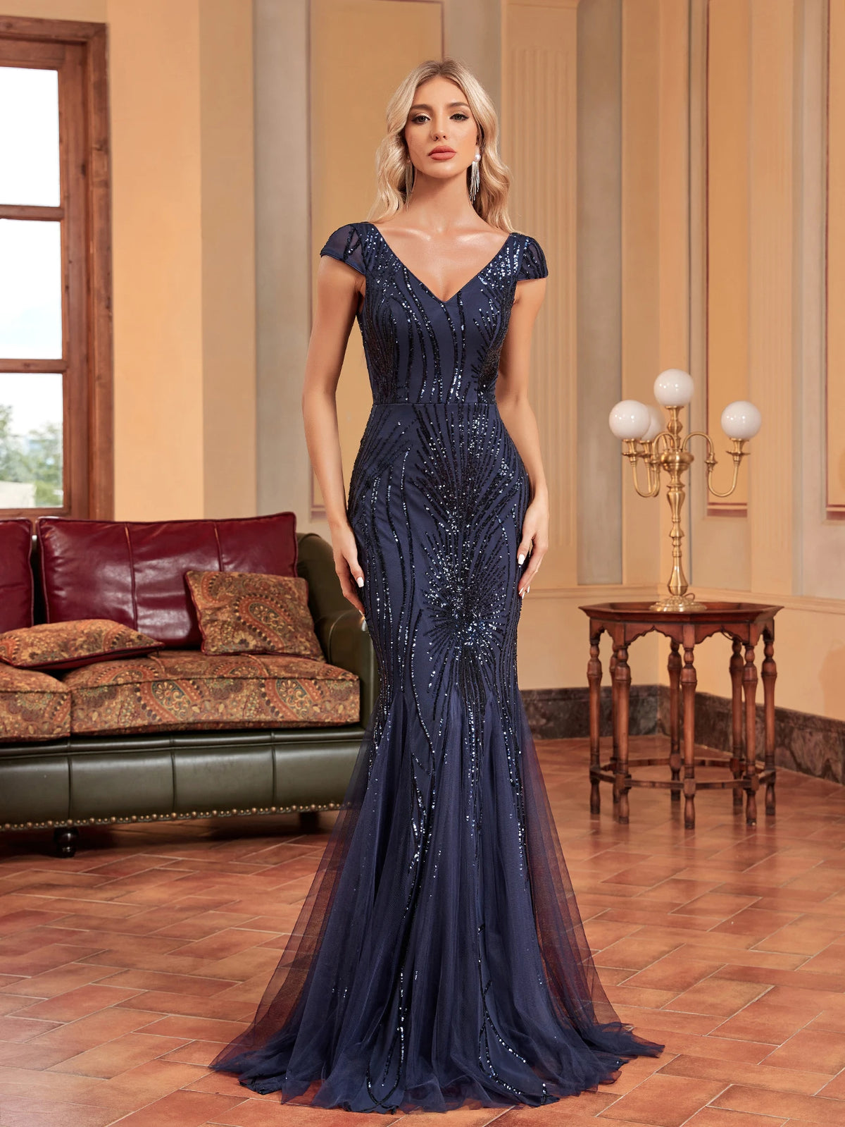 Luxury Sleeveless V-neck Sequins Formal Evening Dresses Women Elegant Mermaid Party Maxi Prom Arabia Cocktail Gowns