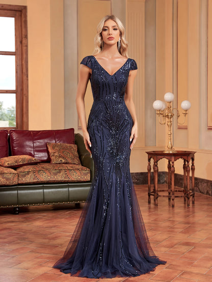 Luxury Sleeveless V-neck Sequins Formal Evening Dresses Women Elegant Mermaid Party Maxi Prom Arabia Cocktail Gowns
