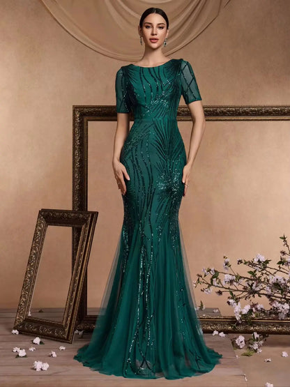 Elegant Short Sleeves Sequin Tulle Evening Dresses Women Luxury Mermaid Formal Bridesmaid Party Maxi Prom Dress