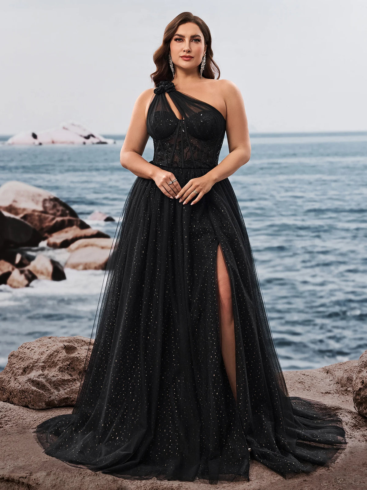 Plus Size Luxury Skew-shouldered Applique Cake Dress Luxury Slit Formal Evening Dresses Elegant Graduation Party Gown
