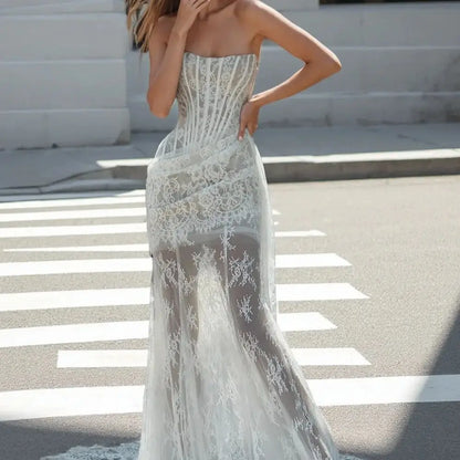 Women's Formal Evening Gowns Unique Design Strapless Mermaid Lace Wedding Dress With French Sheer Mermaid Train