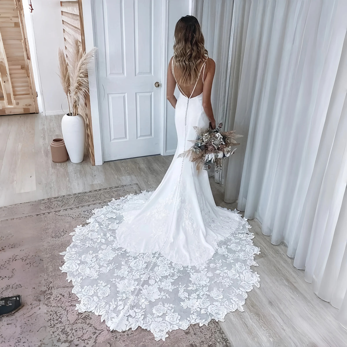 Lace Applique Satin Mermaid Wedding Dress Elegant Slim Fit White Bridal Dress Church Wedding Elopement Photoshoot Customizable