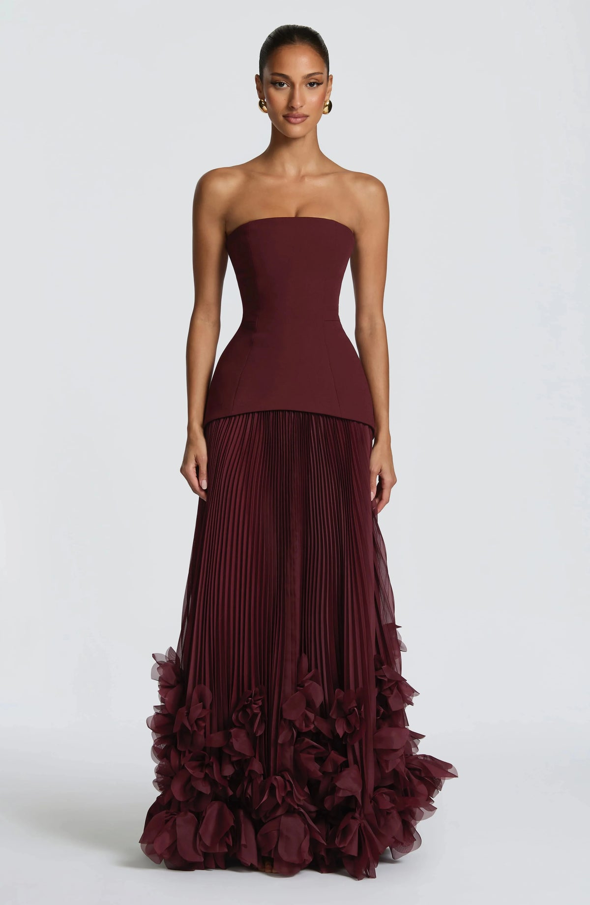 Danni Custom Burgundy Strapless Evening Dress Corset Pleated Prom Dresses Chiffon Vestidos De Noche Formal Evening
