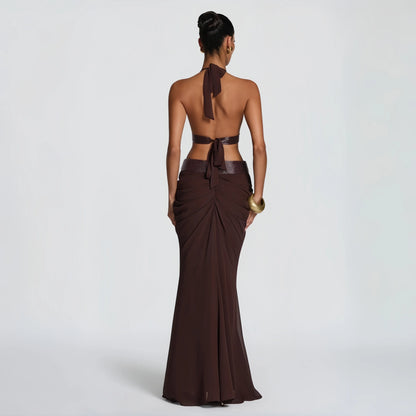 Pale Yellow Halter Deep V Mermaid Evening Dress For Women Luxury Sequin Chiffon Bodycon Maxi Gown Prom Party Gala Club Vestidos
