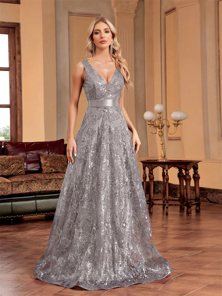 Luxury Sexy Deep V-Neck Sequins Blue Evening Dresses Women Elegant V-back Wedding Party Long Prom Cocktail Dress