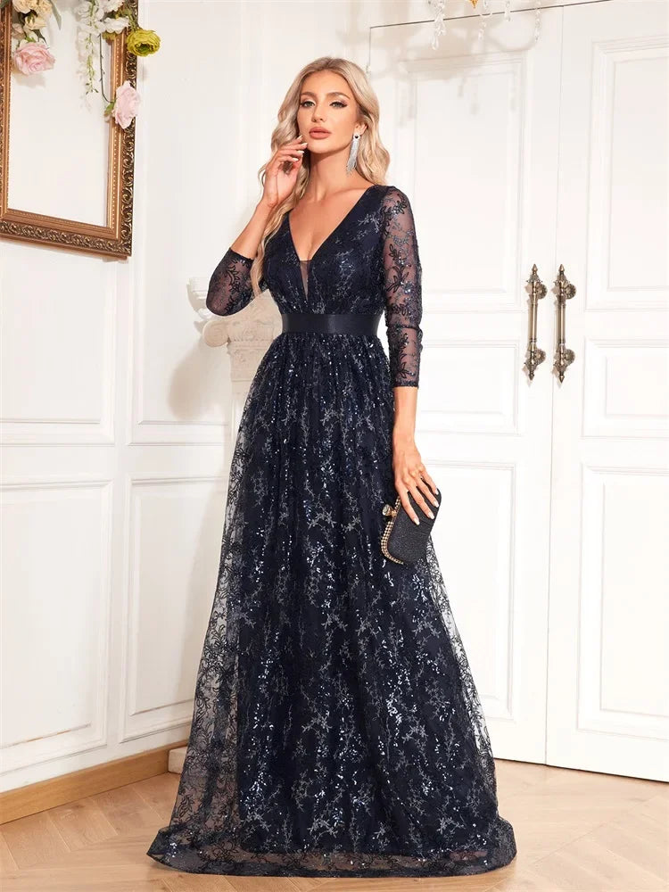 New Elegant Blue V-Neck Floral Evening Dress Long 2025 Luxury Women Long Sleeve Wedding Party Cocktail Dress Prom
