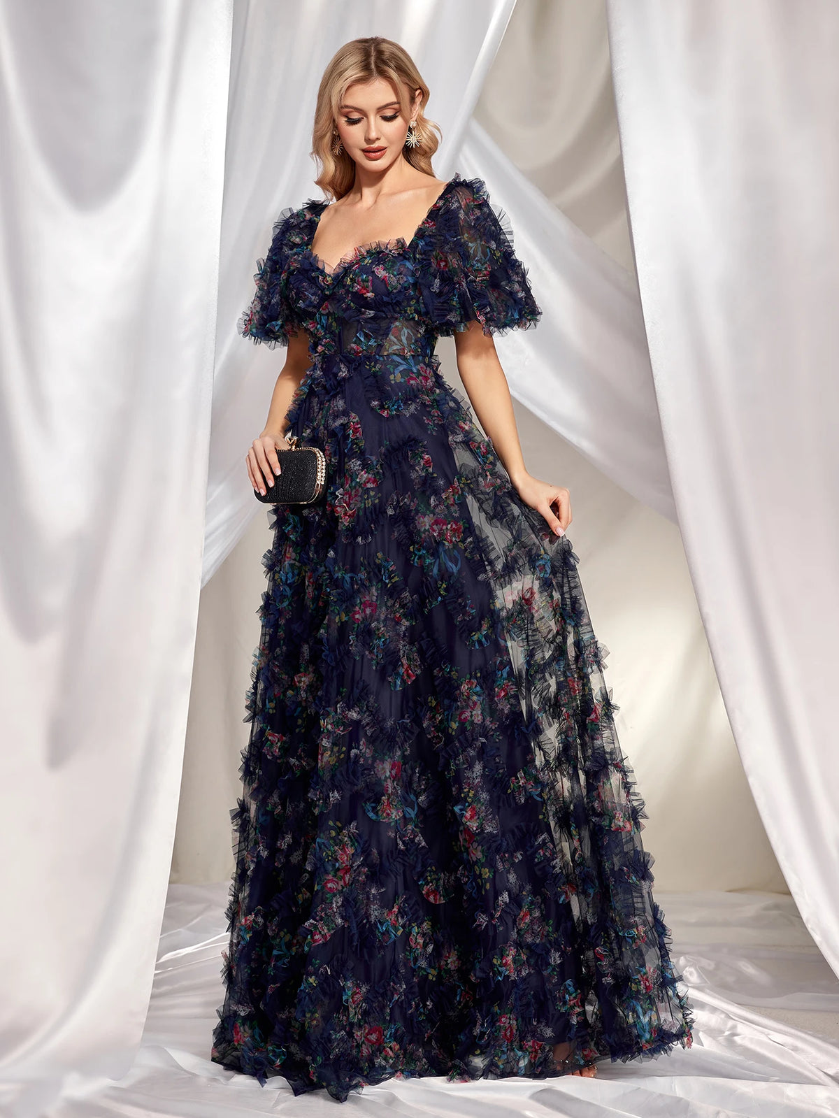 Luxury Bubble Short-sleeve A-line Evening Dresses Women Elegant Off-the-shoulder Wedding Party Long Prom Cocktail Dress