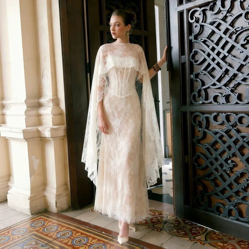 Customized Lace High Collar Trumpet Floor-length Bespoke Occasion Woman Elegant Shawl Wedding Prom Dresses High Quality