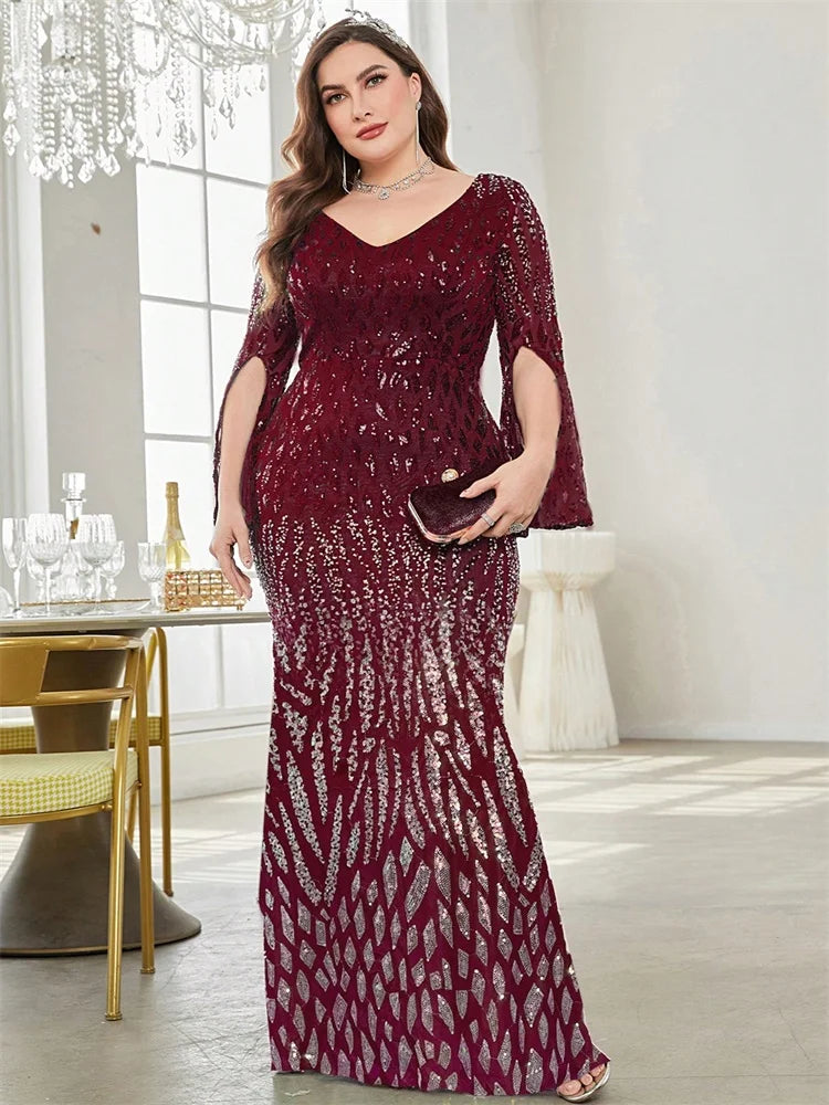 Plus Size Elegant Sequin Black Evening Dress 2025 Women Formal Maxi Prom Long Sleeves Party Luxury Cocktail Dress