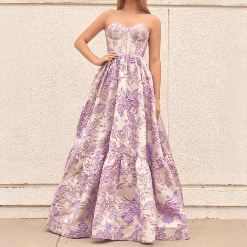 Pink Strapless Prom Dresses with Floral Jacquard Corset Bodice and Tiered Ball Gown Skirt Customized Formal Evening 2026