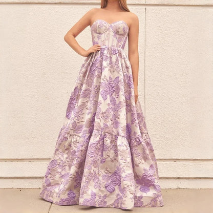 Pink Strapless Prom Dresses with Floral Jacquard Corset Bodice and Tiered Ball Gown Skirt Customized Formal Evening 2026